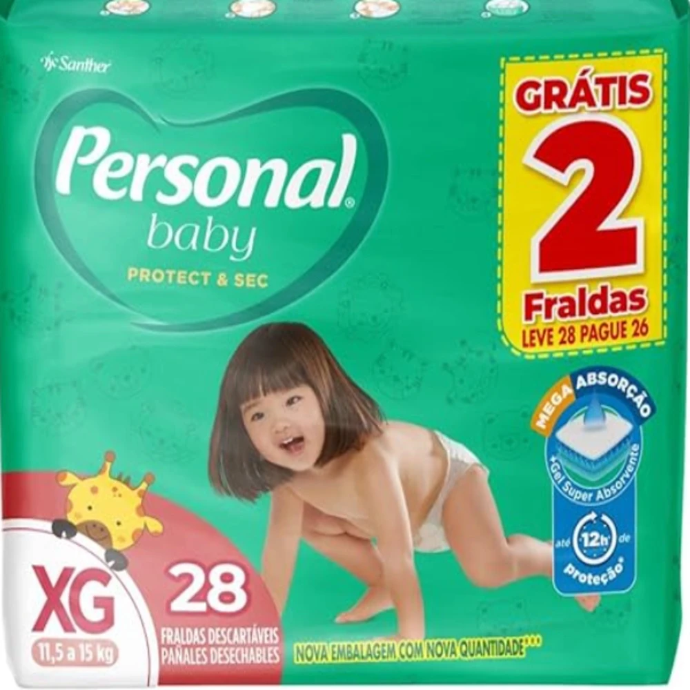 Fralda Descartável Personal Baby Protect & Sec XG 11,5 a 15kg Leve 28 Pague 26 Unidades