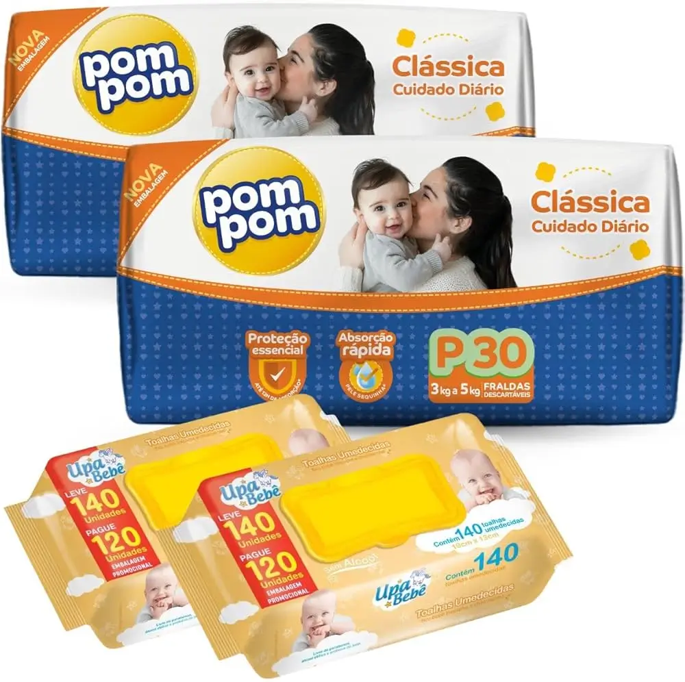 KIT 02 PACOTES FRALDAS DESCARTÁVEIS POMPOM P + 280UN LENÇOS TOALHAS UMEDECIDOS